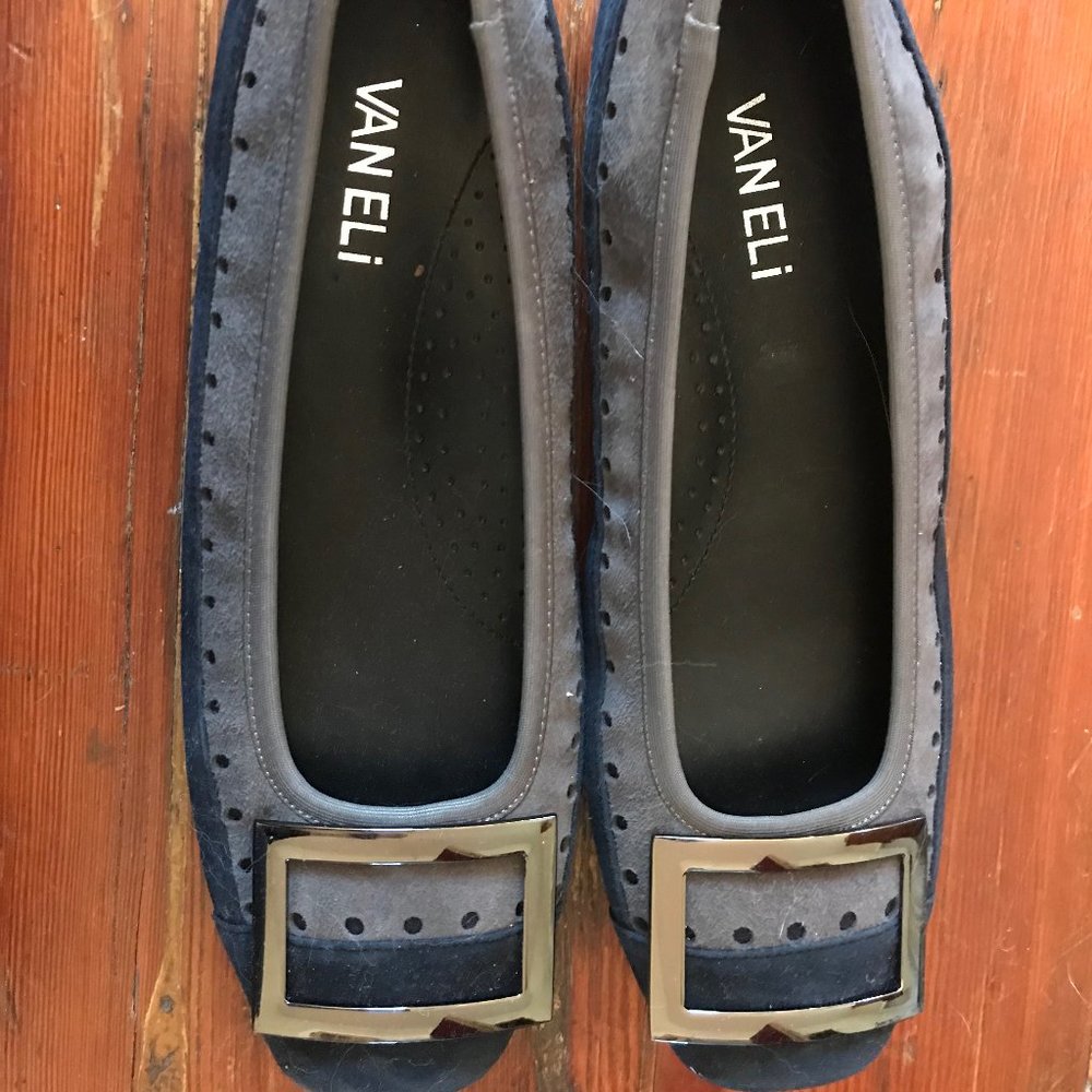 Vaneli Blue and Grey Suede Flat, Silver Buckle